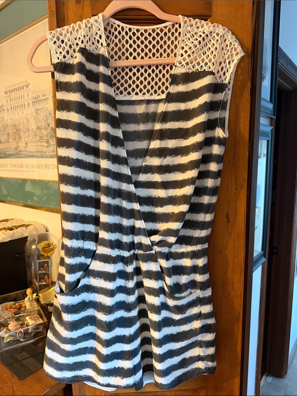 Striped Black & White Sleeveless Romper with Mesh Yoke